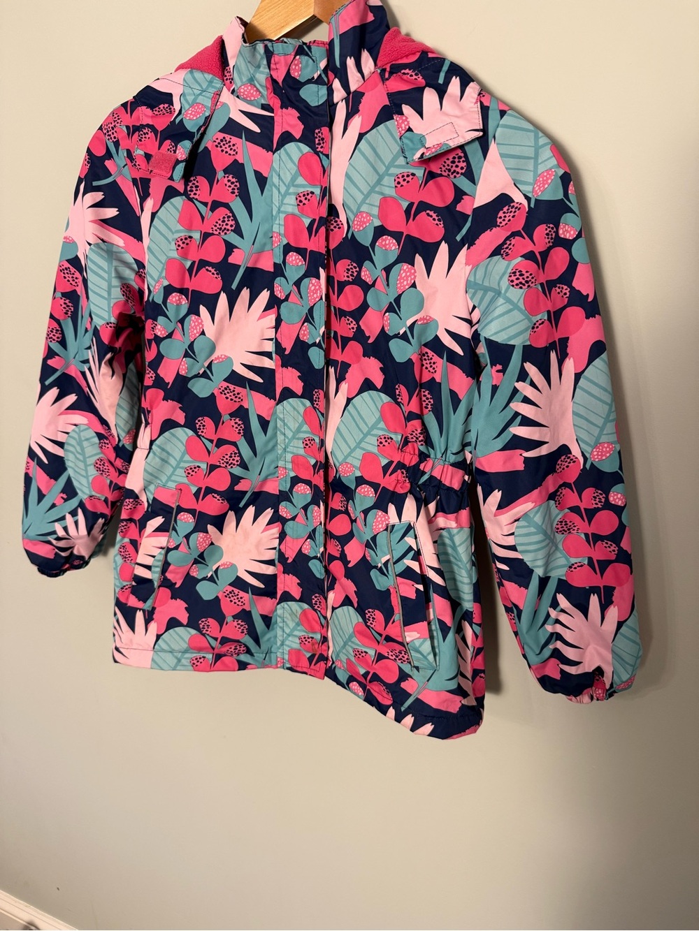 Girls' Floral Hooded Raincoat in Navy, Pink & Teal Size 10/12